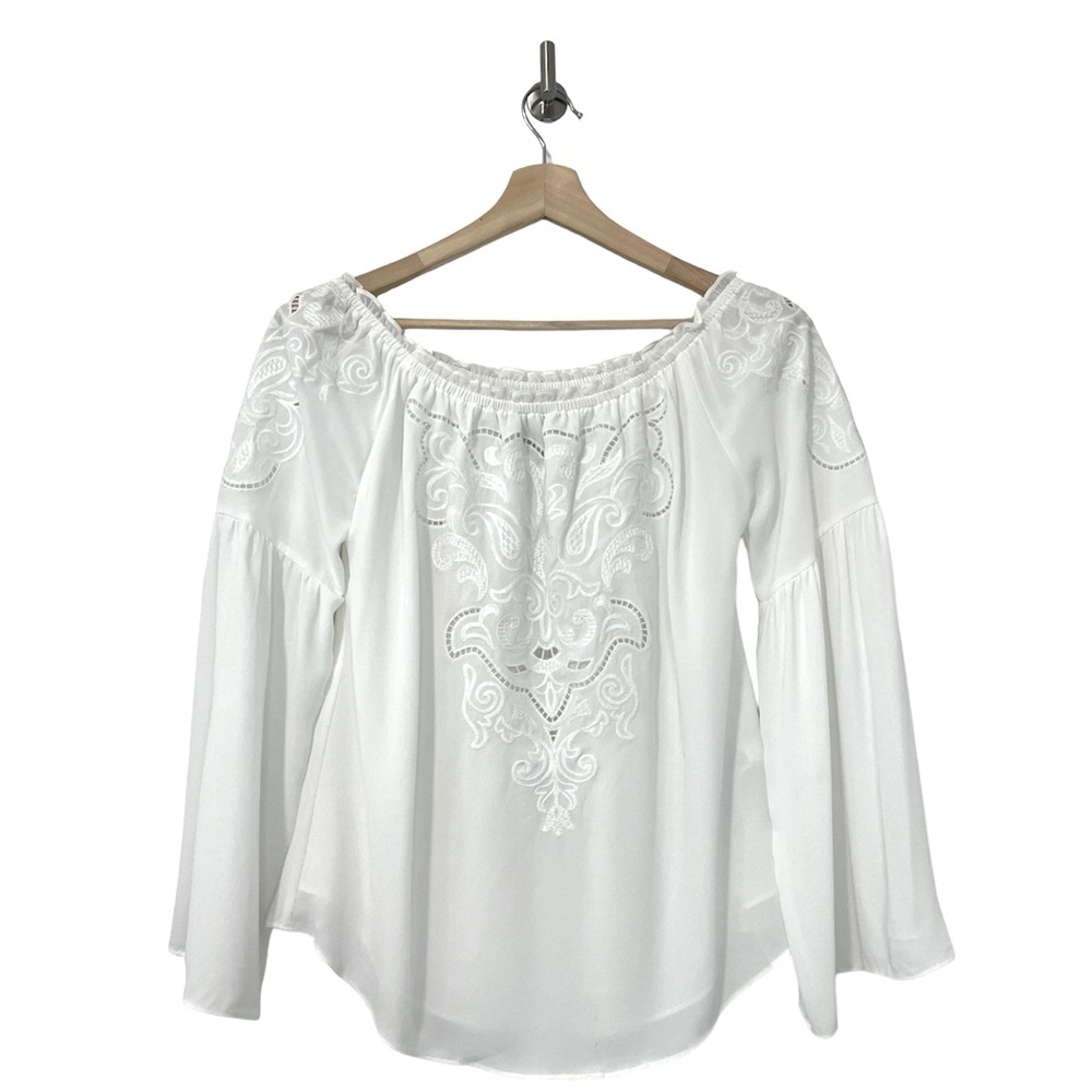 White House Black Market WHBM White Embroidered Off Shoulder Blouse Size Medium - Picture 4 of 14